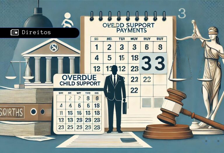 Imagem para o conteúdo sobre quantos meses de pensão atrasada resultam em prisão, destacando o processo legal e as consequências de pagamentos atrasados. A ilustração inclui uma pessoa em um ambiente jurídico com documentos, um calendário destacando 3 meses, um símbolo de tribunal e balanças da justiça, transmitindo um ambiente profissional e autoritário.